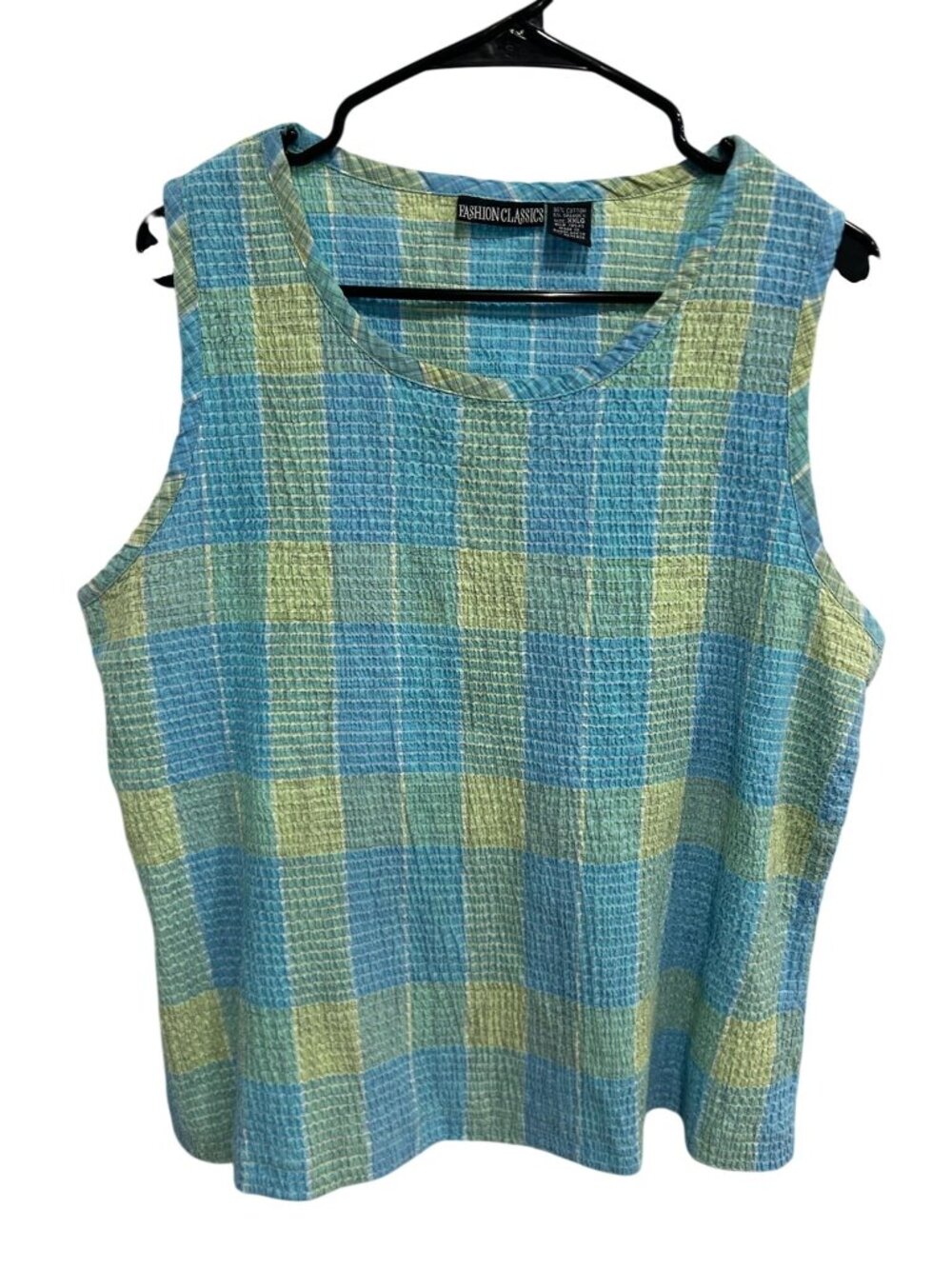 Fashion Classics XXL Blue Green Plaid Sleeveless Cotton Blend Top Kitschy Retro